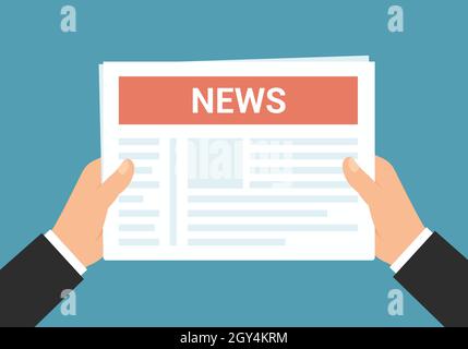 Flat design illustration of manager or businessman hand holding newspaper with red banner and headline and reading news - vector Stock Vector