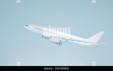 Pastel blue plane flying in the sky with clouds . Plane take off and pastel background. Minimal idea concept. Airline concept travel plane passengers. Stock Photo
