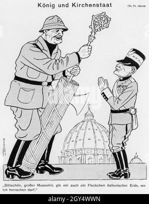 'In this caricature by Thomas Theodor Heine, which appeared in Simplicissimus on March 4, 1929, the oversized dictator and head of government Benito Mussolini hands a crozier to his begging little ''superior,'' the head of state Victor Emmanuel III, King of Italy. Mussolini pulls the staff from a bundle of lictors, the symbol of Italy's fascist party. The drawing is captioned ''King and Papal States,'' and the caption reads, ''Please, great Mussolini, give me also a spot of Italian earth where I may rule.'' The dome of St. Peter's Basilica can be seen in the background. The cartoon refers to Stock Photo