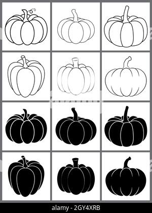 Pumpkin outline and silhouette icon set for autumn. Halloween contour and black shape vegetable design. Vector illustration isolated on white backgrou Stock Vector