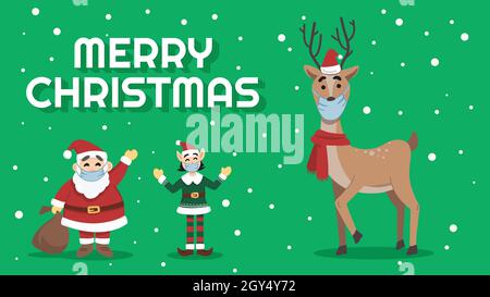 Reindeer happily wearing face mask at Christmas due to pandemic. Modern Santa’s Reindeer with scarf and mask in winter holiday, flat colored illustrat Stock Vector