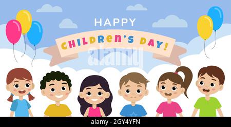 Happy world children's day banner concept. Children looking up to the sky Stock Vector