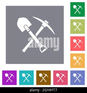 shovel and pickaxe flat icons on simple color square backgrounds Stock Vector