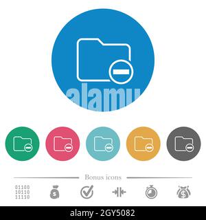 Remove directory outline flat white icons on round color backgrounds. 6 bonus icons included. Stock Vector