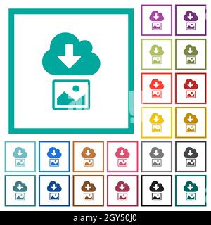 Download image from cloud solid flat color icons with quadrant frames on white background Stock Vector