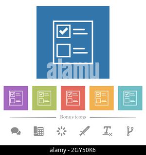 Ballot paper solid flat white icons in square backgrounds. 6 bonus icons included. Stock Vector