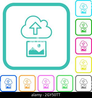 Upload image to cloud outline vivid colored flat icons in curved borders on white background Stock Vector