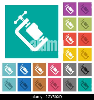 Folder compression solid multi colored flat icons on plain square backgrounds. Included white and darker icon variations for hover or active effects. Stock Vector