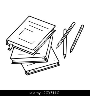 A stack of books and pencils. Drawing stationery on the table in doodle style. Stock Vector