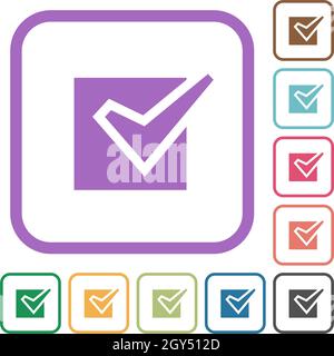 Checked box solid simple icons in color rounded square frames on white background Stock Vector