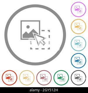 Drag image to upload flat color icons in round outlines on white background Stock Vector