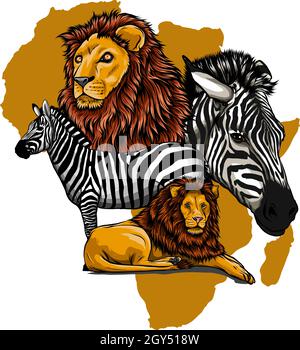 vector illustration of lion and zebra in africa Stock Vector