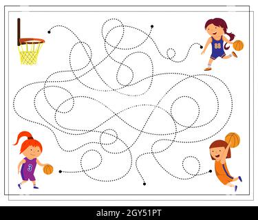 go through the maze connecting the dots to find out who scored the ball in the ring, a basketball game. vector Stock Vector