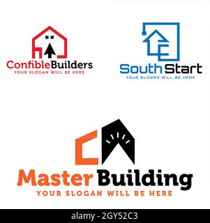 Flat line art home arrow building logo design Stock Vector