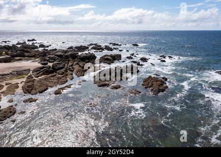 Landscape of the ocean and rocky coast in France, viewed from a drone. Stock Photo