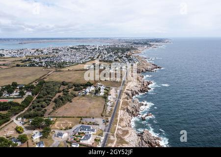 Landscape of the ocean and rocky coast in France, viewed from a drone. Stock Photo