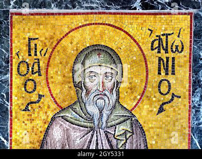 London, England, UK. Greek Orthodox Cathedral of the Divine Wisdom / Hagia Sophia, Bayswater. Mosaic: St Anthony the Great / Agios Antonios... Stock Photo