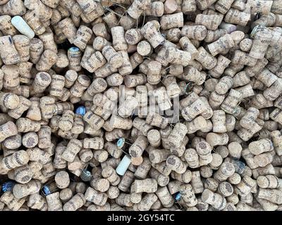 Background texture of a randomly scattered pile of used wine corks depicting varieties and details of the Abrau-Dyurso winery on the surface of the co Stock Photo
