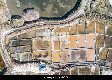 Ocean salt recovery fields in France. Marais salants. Drone view.