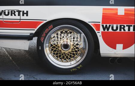 Italy, september 11 2021. Vallelunga classic. Race car tire close up Avon logo brand name Stock Photo