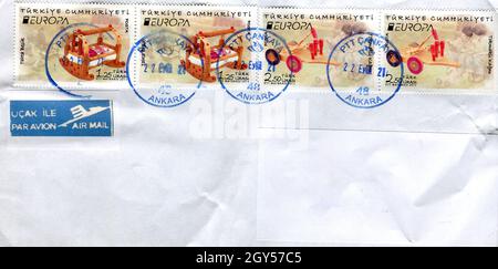 GOMEL, BELARUS - OCTOBER 7, 2021: Old envelope which was dispatched from Turkey to Gomel, Belarus, September 22, 2021. Stock Photo