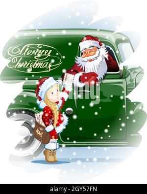 Vector greeting Christmas card with Snow Maiden - Postman delivering mail for Santa. Available eps-10 format separated by groups and layers for edit Stock Vector