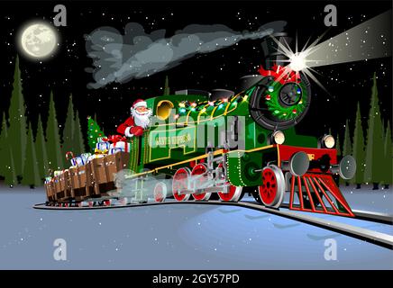 Vector Christmas greeting card with cartoon Santa Express train Stock Vector