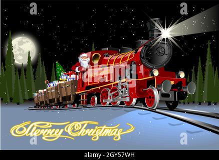Vector Christmas greeting card with cartoon Santa Express train Stock Vector