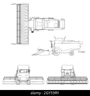 Set with combine harvester from black lines isolated on white background. Side view, top, front, back. Vector illustration. Stock Vector