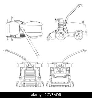 Set with combine harvester from black lines isolated on white background. Side view, top, front, back. Vector illustration. Stock Vector