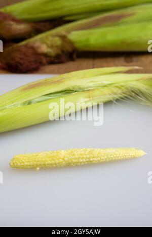 Freshly hulled baby sweetcorn / babycorn on a white chopping board. Stock Photo