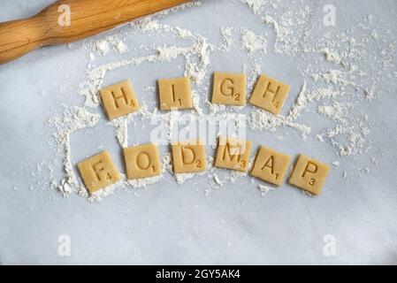 Wheat pastry squares spelling out 'High Fodmap'. Stock Photo