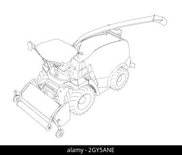 Combine harvester contour from black lines isolated on white background. Isometric view. 3D. Vector illustration. Stock Vector