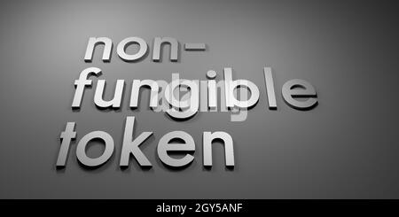 Non-fungible token (NFT) word and letters in black and white monochrome color, conceptual 3D illustration with lighting and shadows Stock Photo