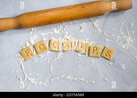 Wheat pastry squares spelling out 'Fodmaps'. Stock Photo