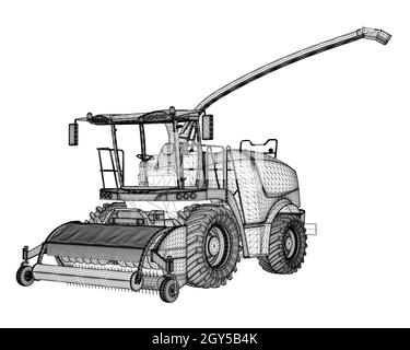 Combine harvester wireframe from black lines isolated on white background. 3D. Vector illustration. Stock Vector