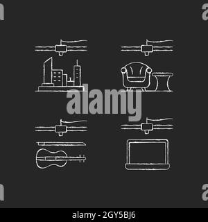 Three dimensional objects production chalk white icons set on dark background Stock Vector