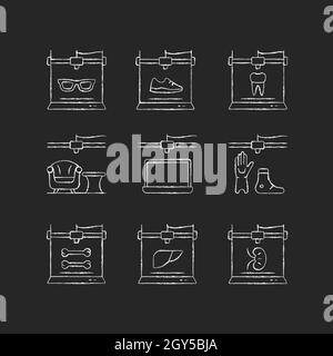 Additive manufacturing chalk white icons set on dark background Stock Vector