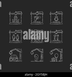 3d printing process chalk white icons set on dark background Stock Vector