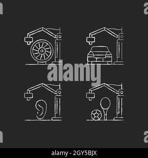 Manufacturing process chalk white icons set on dark background Stock Vector