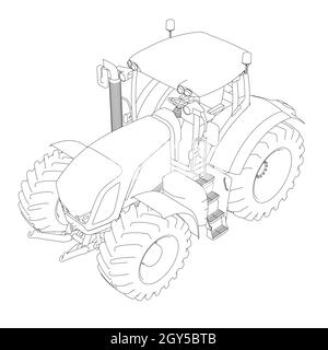 Tractor contour from black lines isolated on white background. Isometric view. Vector illustration. Stock Vector