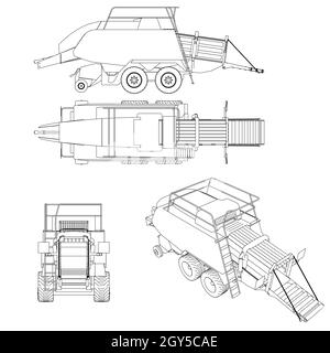 Set with contours of a trailer for a combine harvester from black lines Isolated on a white background. Front, side, top, isometric view. 3D. Vector i Stock Vector