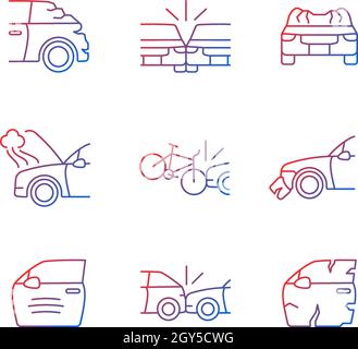 Road traffic accidents gradient linear vector icons set Stock Vector