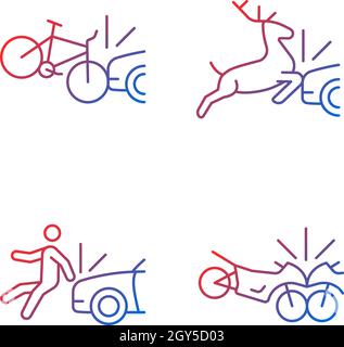 Traffic collision scenarios gradient linear vector icons set Stock Vector