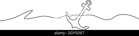 continuous single line anchor in sea, line art vector illustration Stock Vector