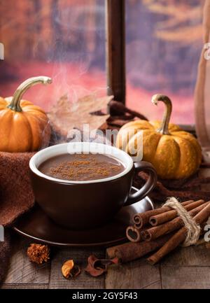 Steaming cup of hot chocolate and pumpkins by a window with autumn background Stock Photo