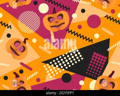 Geometric shapes with pumpkins. Halloween seamless pattern in memphis style 80s. Background for printing on paper, advertising materials and fabric. V Stock Vector