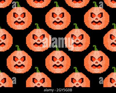 Pixel art pumpkin seamless pattern. Jack-o lantern 8-bit graphics. Halloween design for wrapping paper, banners and promotional materials. Vector illu Stock Vector