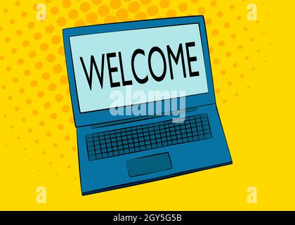 Laptop with the word Welcome on the screen. Vectro cartoon illustration. Stock Vector