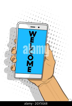 Welcome text on Smartphone screen. Cartoon vector illustrated mobile phone. Stock Vector